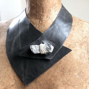 Leather collar statement necklace handmade OOAK with natural stone button